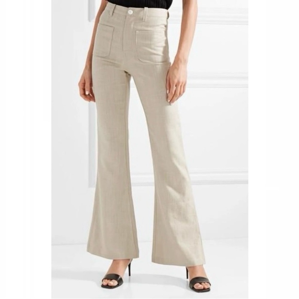 Staud Patches Linen High Rise Flared Pant with Patch Pockets in Ecru
